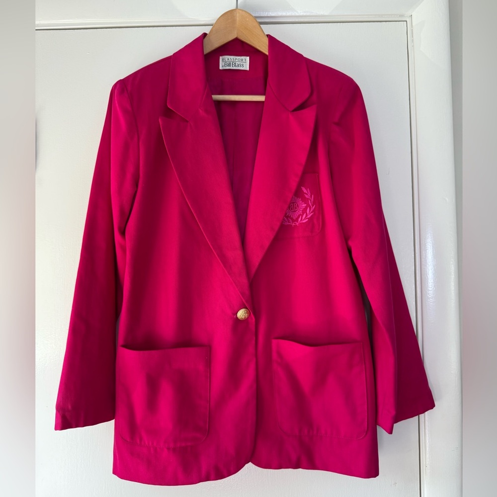 Bill Blass Sport Vintage Hot Pink Blazer Gold Button Pocket Crest Y2K 90’s Chic